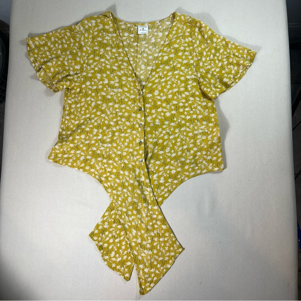 "By Together" Yellow Floral Blouse Tie Waist V Neck Womens Size Large